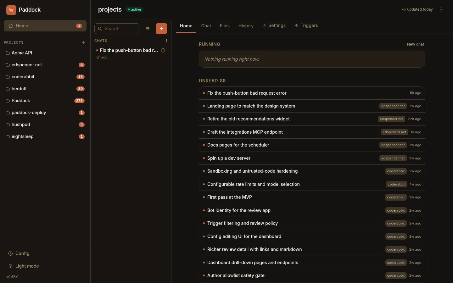 The root workspace's Home, leading with a Running section and then an Unread section listing 88 chats from across every project, each tagged with the project it belongs to and how long ago it replied