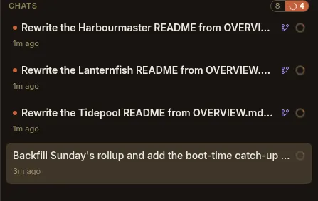 The Chats count badge split into a total of 8 and a highlighted running count of 4, with the list filtered to the four chats whose turns are live and rendered flat