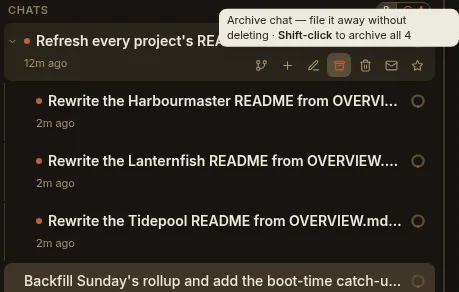 A nested parent row hovered to reveal its action strip, its archive button showing the tooltip 'Archive chat — file it away without deleting · Shift-click to archive all 4' above the row's three nested children